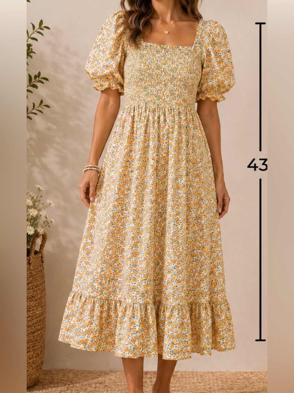 J. Crew Yellow Floral Smocked Midi Dress